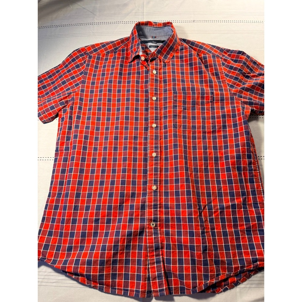 Tommy Hilfiger Mens Red Navy Blue Plaid Short Sleeve Classic Fit Shirt Large